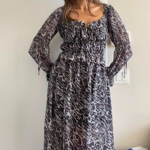All Saints | Grey animal print "Kimi" milkmaid long sleeve maxi dress | Size 2